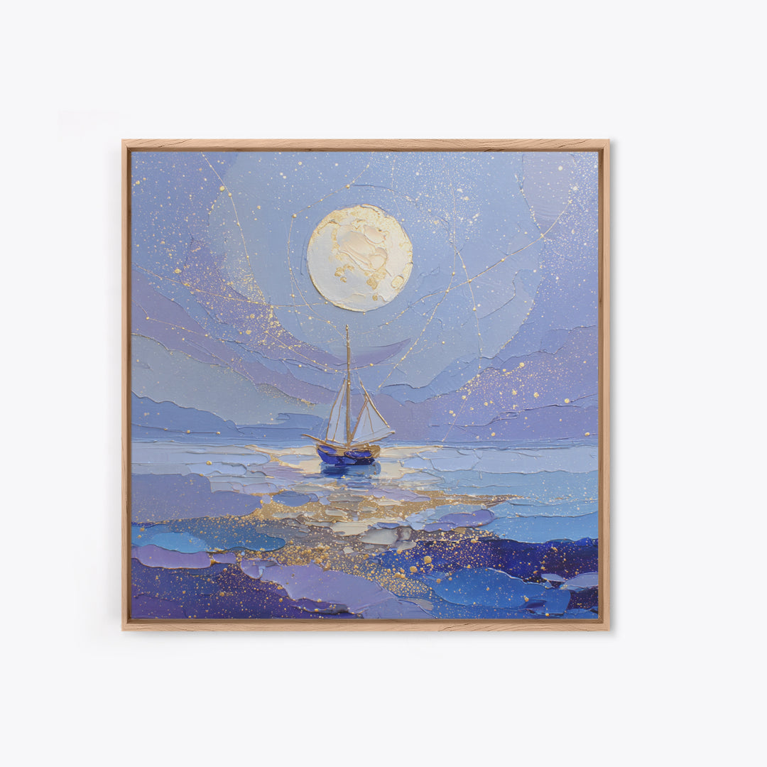 Tiny Sailboat Beneath a Huge Moon Framed Canvas Print, Celestial Art, Modern Art, Living Room Decor, Oil Painting, Celestial, CEL-1x1-43