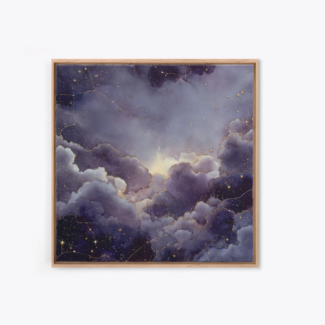 Moonlit Cloudscape with Silver Highlights Framed Canvas Print, Celestial Art, Animal Prints, Living Room Decor, Abstract Art, CEL-1x1-57