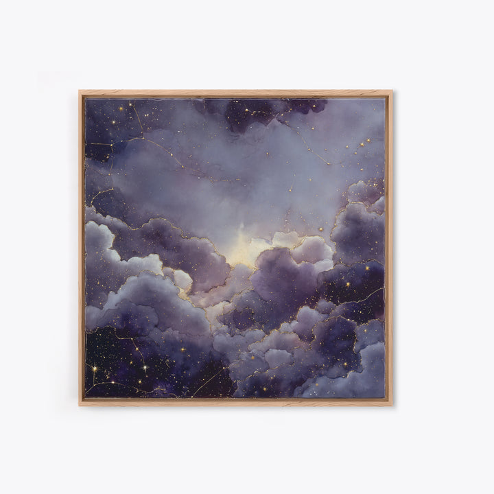Moonlit Cloudscape with Silver Highlights Framed Canvas Print, Celestial Art, Animal Prints, Living Room Decor, Abstract Art, CEL-1x1-57