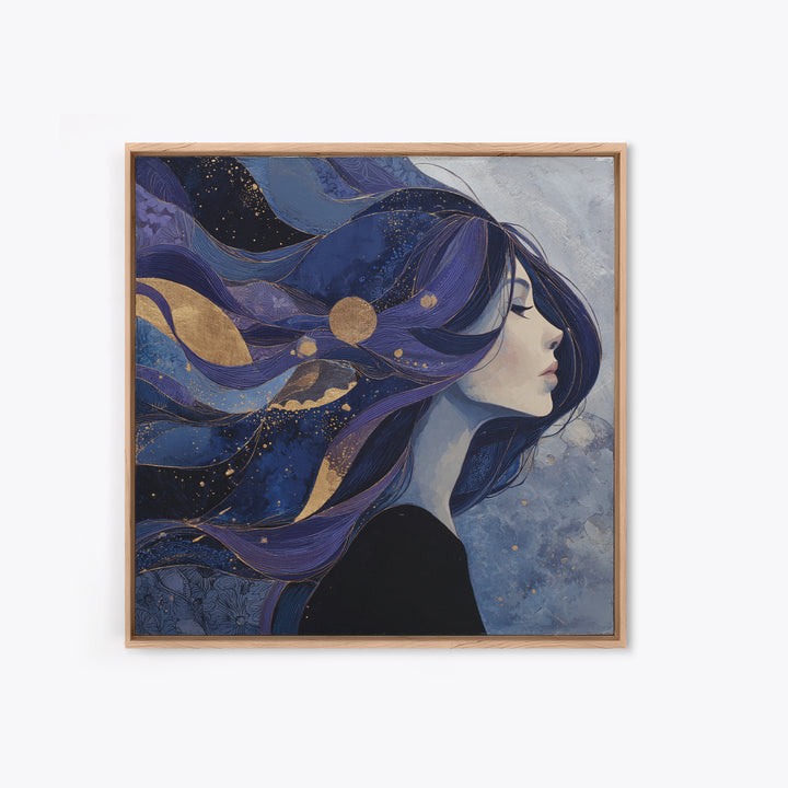 Celestial Goddess with Flowing Midnight Hair Framed Canvas Print, Celestial Art, Celestial, Living Room Decor, Celestial, CEL-1x1-7