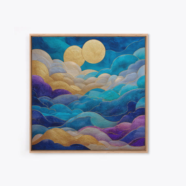 Golden Sun over Abstract Ocean Waves Framed Canvas Print, Celestial Art, Collage Art, Living Room Decor, Fine Art, Celestial, CEL-1x1-71