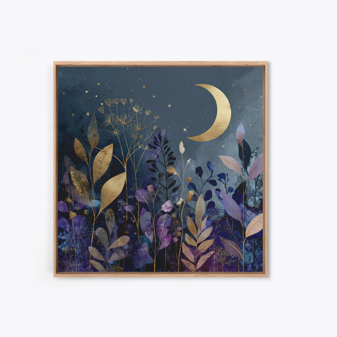 Lunar Phase Arc Above Delicate Botanicals Canvas Print, Celestial Art, Collage Art, Living Room Decor, Watercolor Art, CEL-1x1-76