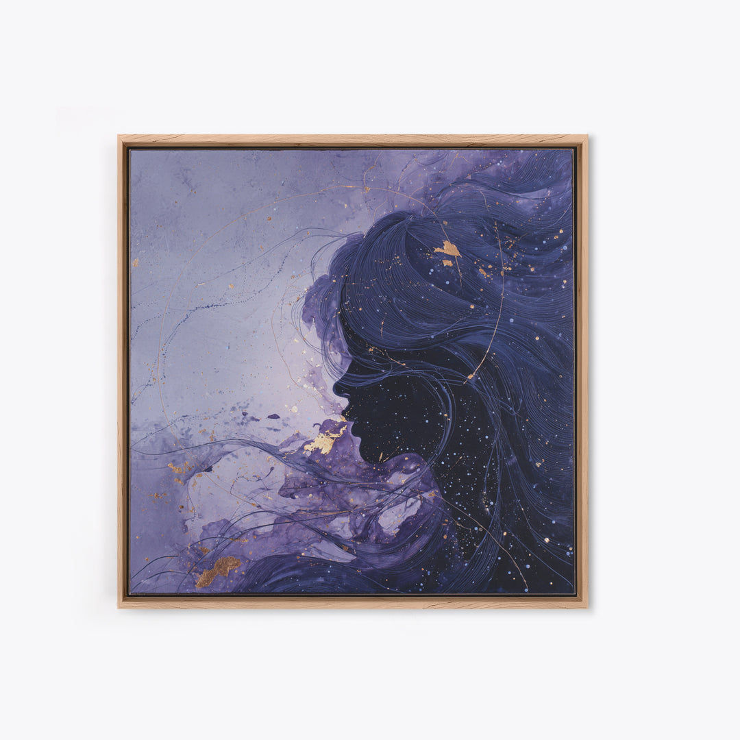Celestial Goddess with Flowing Midnight Hair Framed Canvas Print, Celestial Art, Wall Decor, Living Room Decor, Celestial, CEL-1x1-79