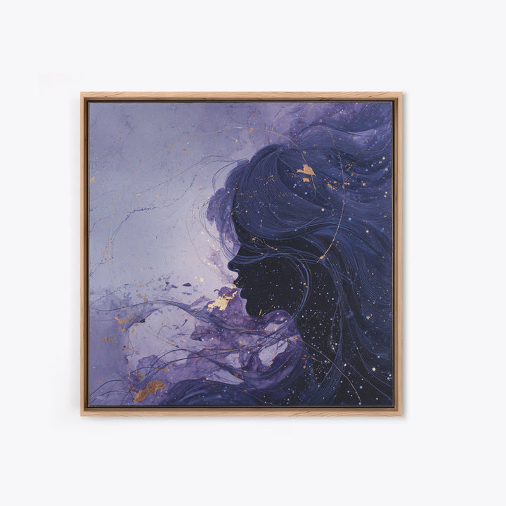 Celestial Goddess with Flowing Midnight Hair Framed Canvas Print, Celestial Art, Wall Decor, Living Room Decor, Celestial, CEL-1x1-79
