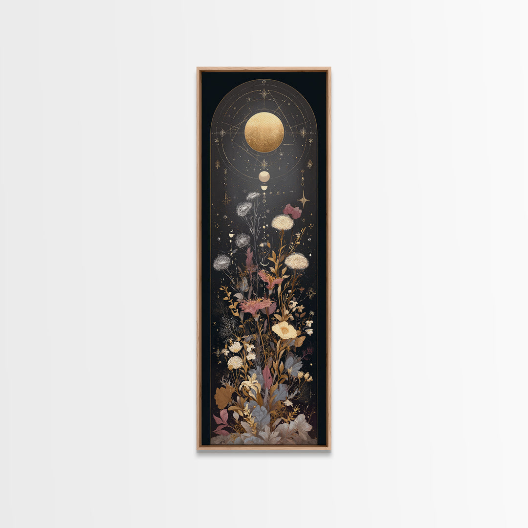 Lunar Phase Arc Above Delicate Botanicals Canvas Print, Celestial Art, Room Decor, Living Room Decor, Oil Painting, Celestial, CEL-1x3-40