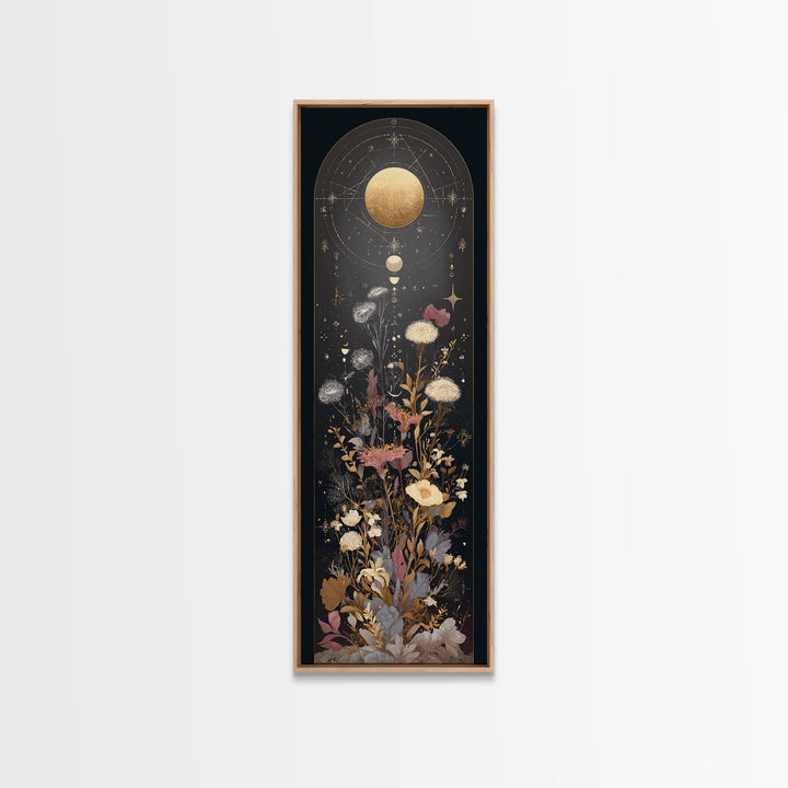 Lunar Phase Arc Above Delicate Botanicals Canvas Print, Celestial Art, Room Decor, Living Room Decor, Oil Painting, Celestial, CEL-1x3-40