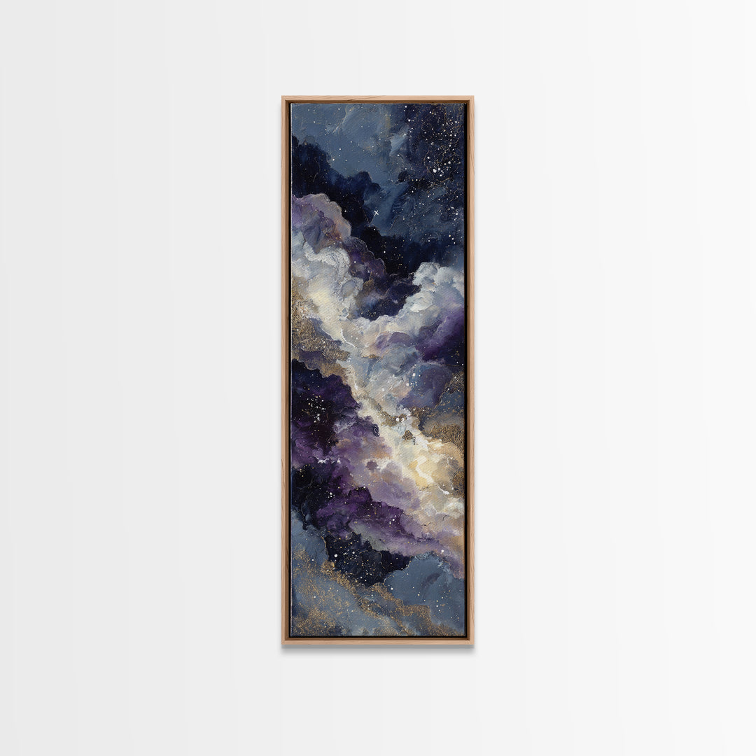 Moonlit Cloudscape with Silver Highlights Framed Canvas Print, Celestial Art, Fantasy Art, Living Room Decor, Oil Painting, CEL-1x3-45