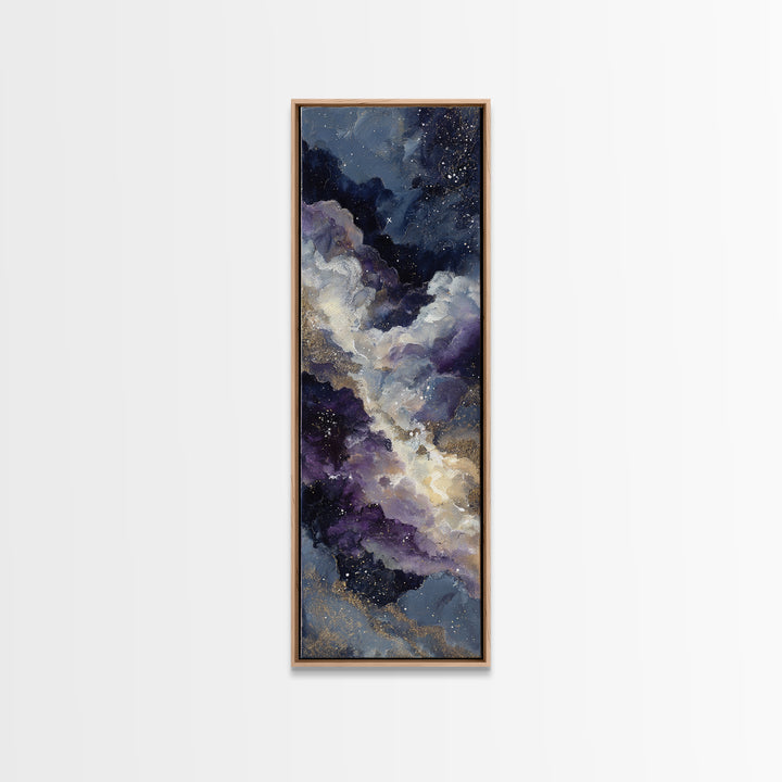 Moonlit Cloudscape with Silver Highlights Framed Canvas Print, Celestial Art, Fantasy Art, Living Room Decor, Oil Painting, CEL-1x3-45