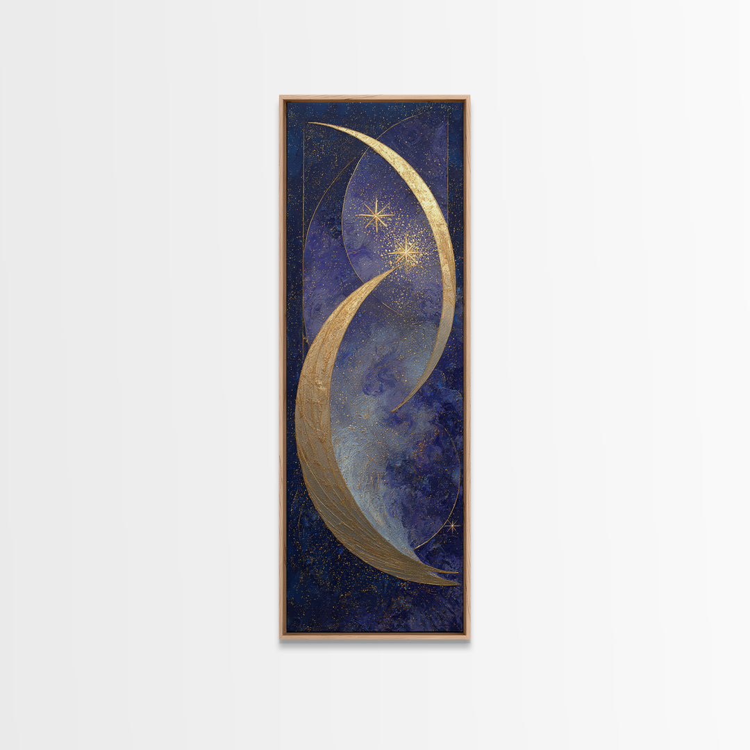 Crescent Moon Cradling a Cluster of Stars Framed Canvas Print, Celestial Art, Modern Decor, Living Room Decor, Celestial, CEL-1x3-61