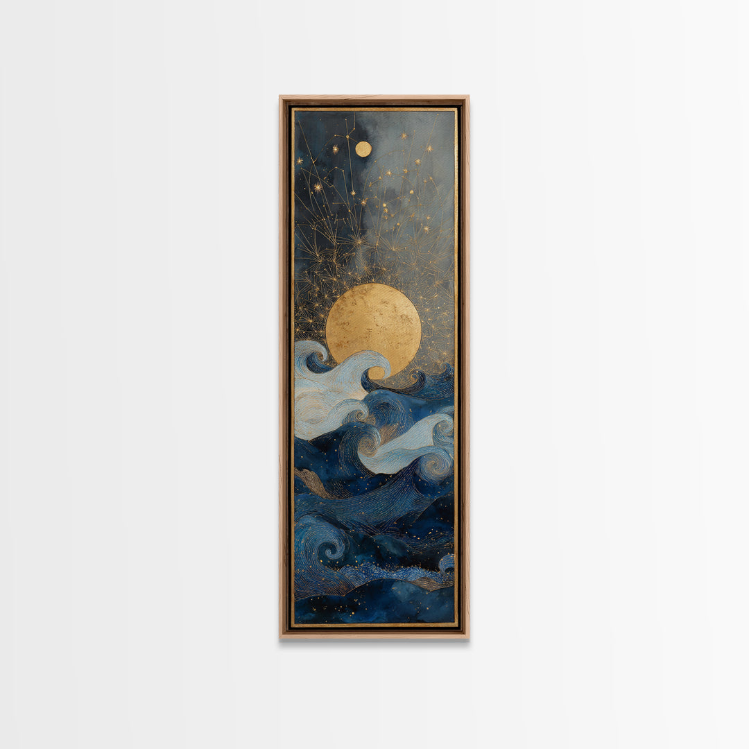 Golden Sun over Abstract Ocean Waves Framed Canvas Print, Celestial Art, Witchy Decor, Living Room Decor, Fine Art, Celestial, CEL-1x3-83