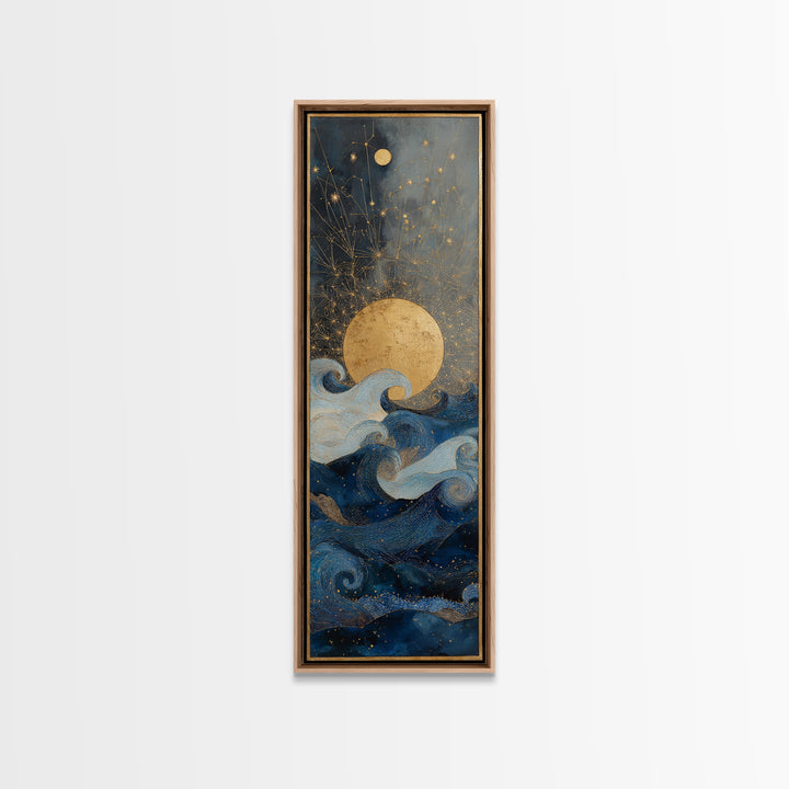 Golden Sun over Abstract Ocean Waves Framed Canvas Print, Celestial Art, Witchy Decor, Living Room Decor, Fine Art, Celestial, CEL-1x3-83