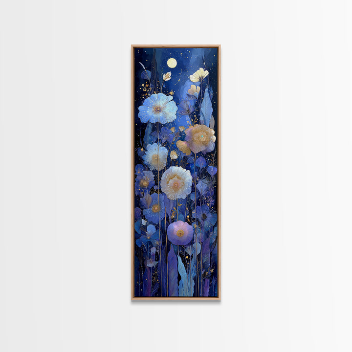 Moon Garden with Night Blooming Flowers Canvas Print, Celestial Art, Boho Art, Living Room Decor, Watercolor Art, Celestial, CEL-1x3-9
