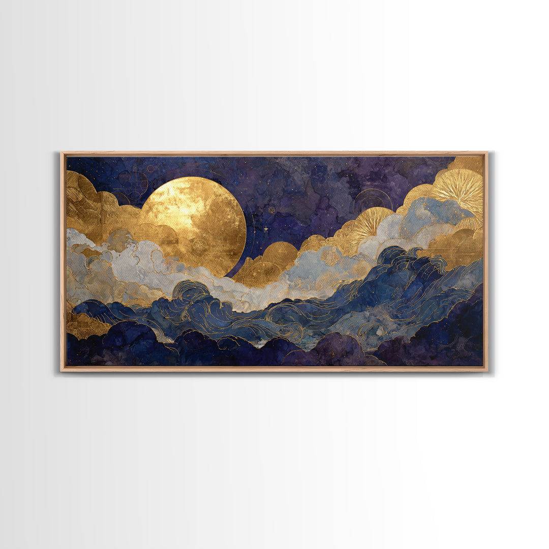 Golden Sun over Abstract Ocean Waves Framed Canvas Print, Celestial Art, Collage Art, Living Room Decor, Fine Art, Celestial, CEL-2x1-19