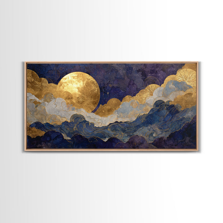 Golden Sun over Abstract Ocean Waves Framed Canvas Print, Celestial Art, Collage Art, Living Room Decor, Fine Art, Celestial, CEL-2x1-19