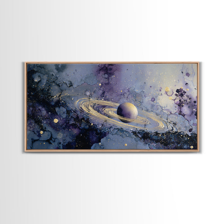 Glowing Planet with Rings and Tiny Moons Canvas Print, Celestial Art, Neutral Decor, Living Room Decor, Abstract Art, Celestial, CEL-2x1-2