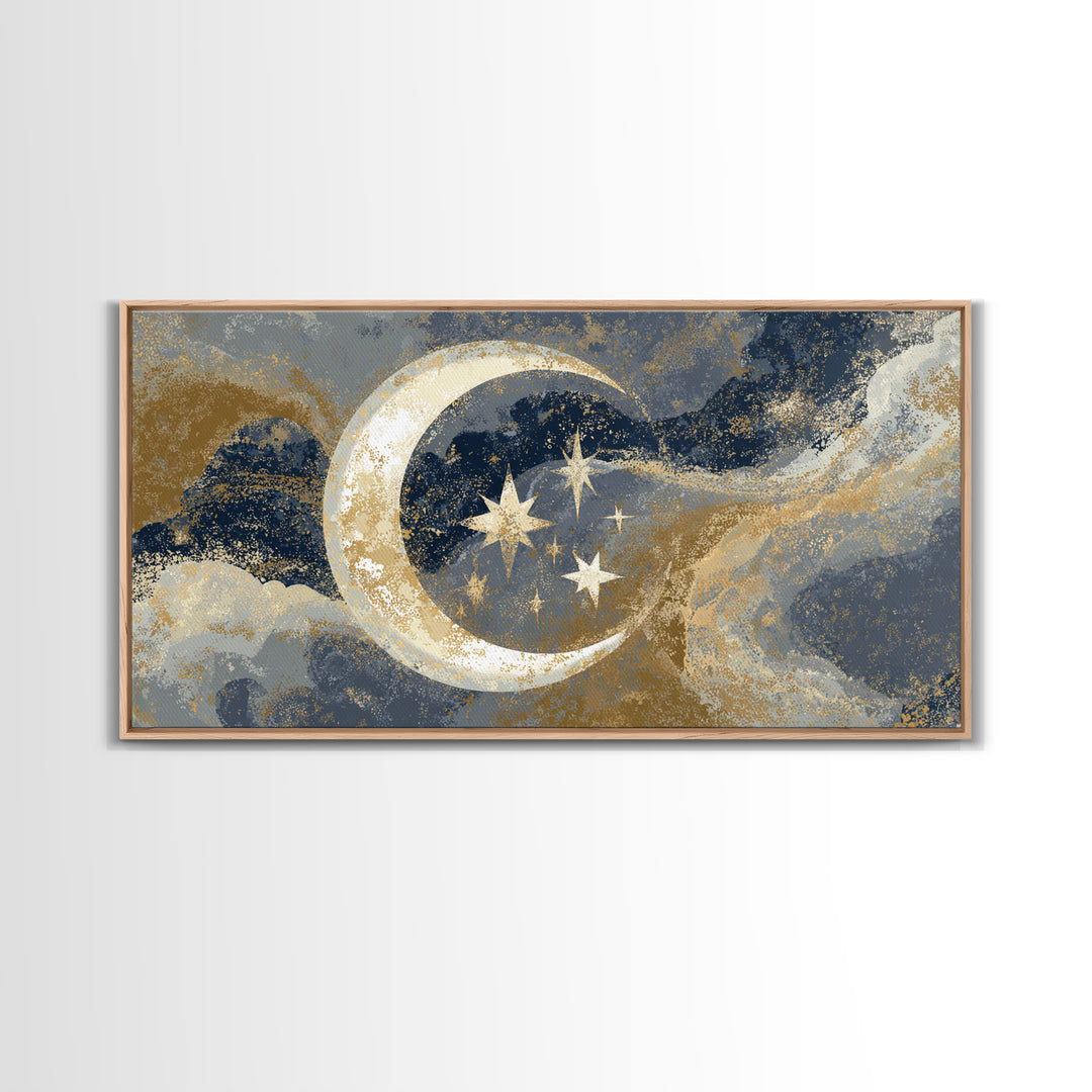 Crescent Moon Cradling a Cluster of Stars Canvas Print, Celestial Art, Luxury Decor, Living Room Decor, Oil Painting, Celestial, CEL-2x1-21