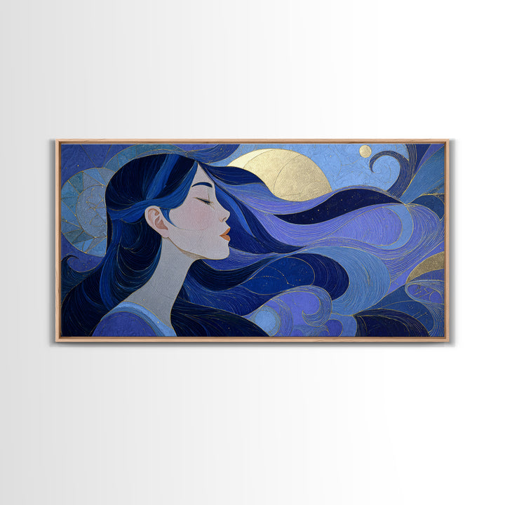 Celestial Goddess with Flowing Midnight Hair Framed Canvas Print, Celestial Art, Celestial, Living Room Decor, Celestial, CEL-2x1-3