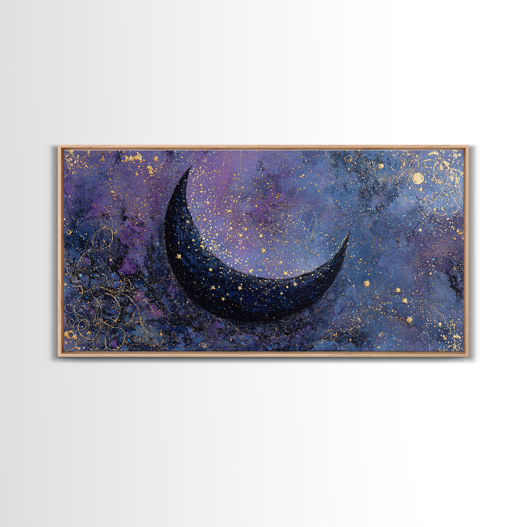 Crescent Moon Cradling a Cluster of Stars Framed Canvas Print, Celestial Art, Contemporary Art, Living Room Decor, Celestial, CEL-2x1-45