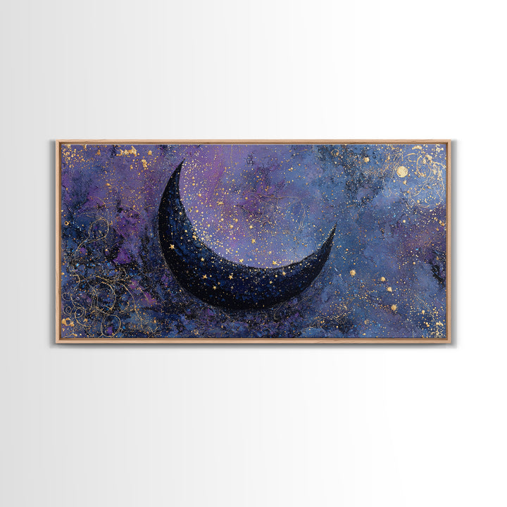 Crescent Moon Cradling a Cluster of Stars Framed Canvas Print, Celestial Art, Contemporary Art, Living Room Decor, Celestial, CEL-2x1-45