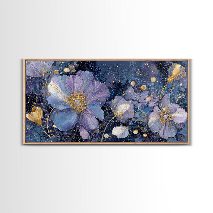 Moon Garden with Night Blooming Flowers Framed Canvas Print, Celestial Art, Minimalist Decor, Living Room Decor, Celestial, CEL-2x1-65