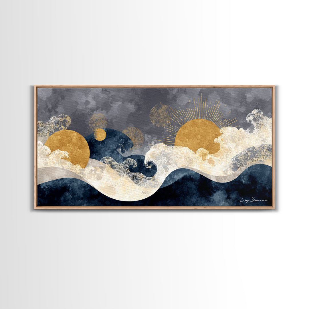 Golden Sun over Abstract Ocean Waves Framed Canvas Print, Celestial Art, Art Nouveau Decor, Living Room Decor, Celestial, CEL-2x1-67