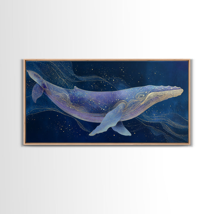 Cosmic Whale Swimming Through a Star Field Framed Canvas Print, Celestial Art, Digital Print, Living Room Decor, Celestial, CEL-2x1-97