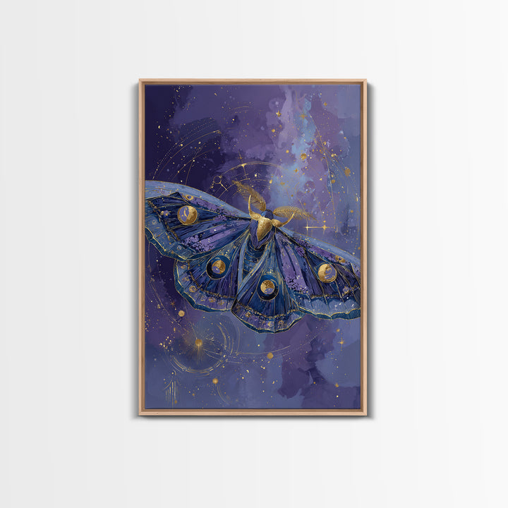 Celestial Moth with Moon Markings Framed Canvas Print, Celestial Art, Gallery Decor, Living Room Decor, Abstract Art, Celestial, CEL-2x3-26