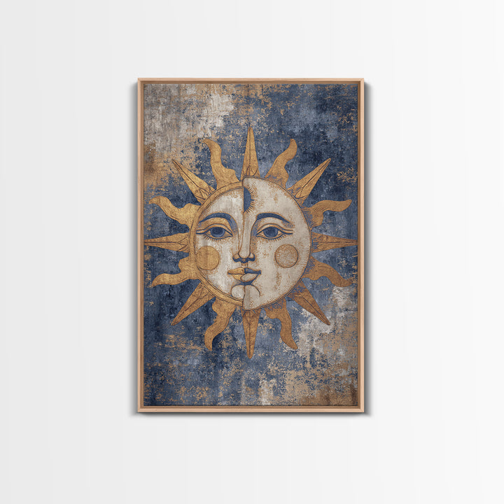 Sun and Moon Faces Framed Canvas Print, Celestial Art, Luxury Decor, Living Room Decor, Oil Painting, Celestial, Digital Print, CEL-2x3-34