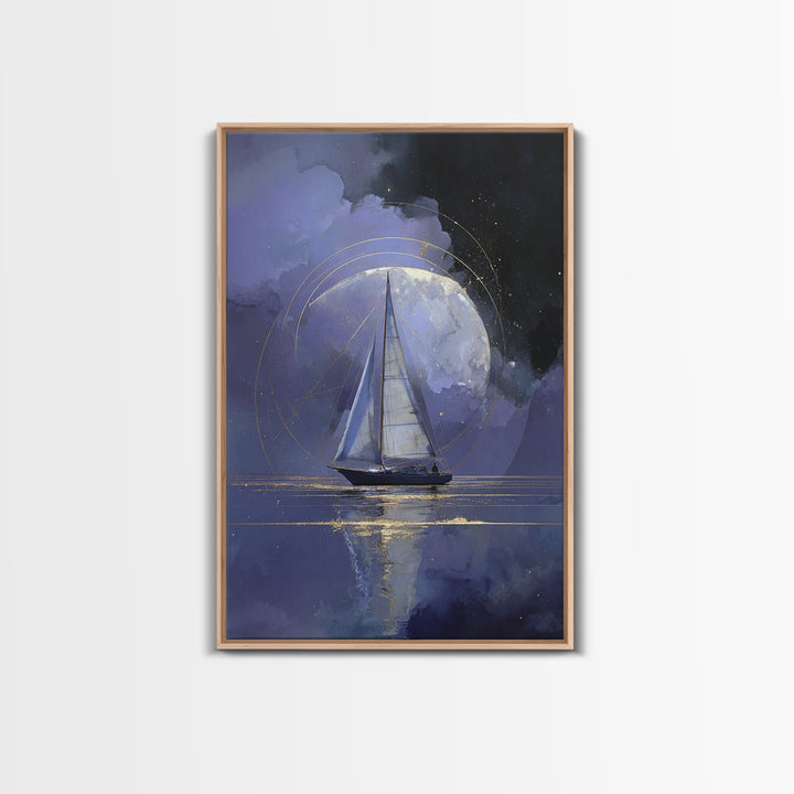 Tiny Sailboat Beneath a Huge Moon Framed Canvas Print, Celestial Art, Animal Prints, Living Room Decor, Oil Painting, Celestial, CEL-2x3-51