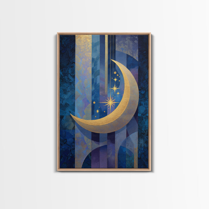 Crescent Moon Cradling a Cluster of Stars Canvas Print, Celestial Art, Living Room Decor, Oil Painting, Celestial, CEL-2x3-57