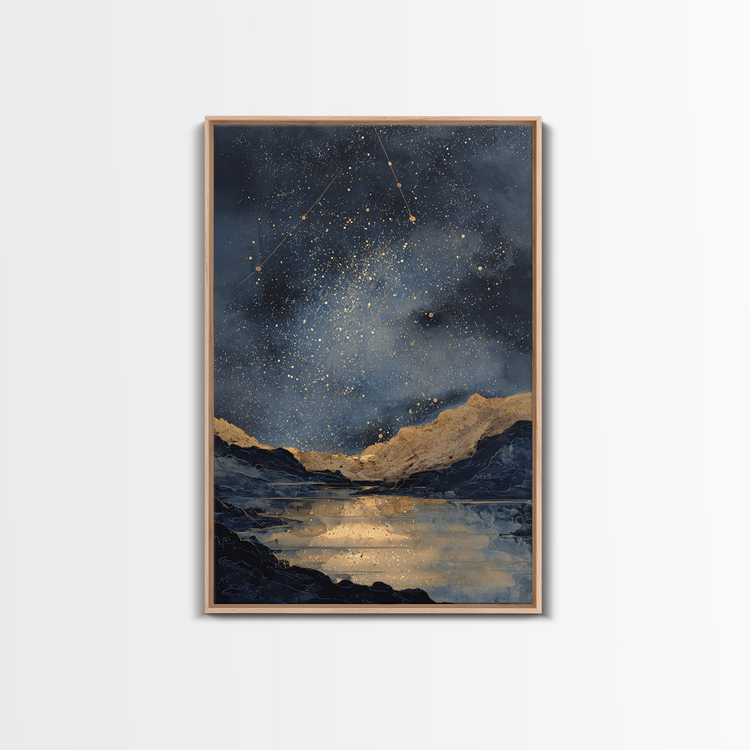 Night Sky over a Quiet Mountain Lake Framed Canvas Print, Celestial Art, Boho Decor, Living Room Decor, Fine Art, Celestial, CEL-2x3-59