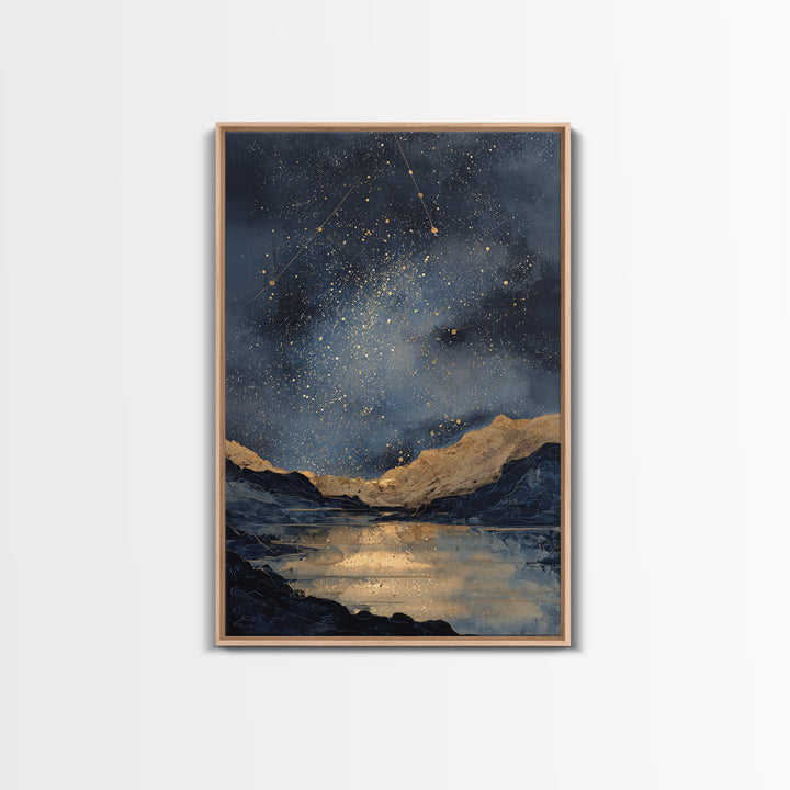 Night Sky over a Quiet Mountain Lake Framed Canvas Print, Celestial Art, Boho Decor, Living Room Decor, Fine Art, Celestial, CEL-2x3-59
