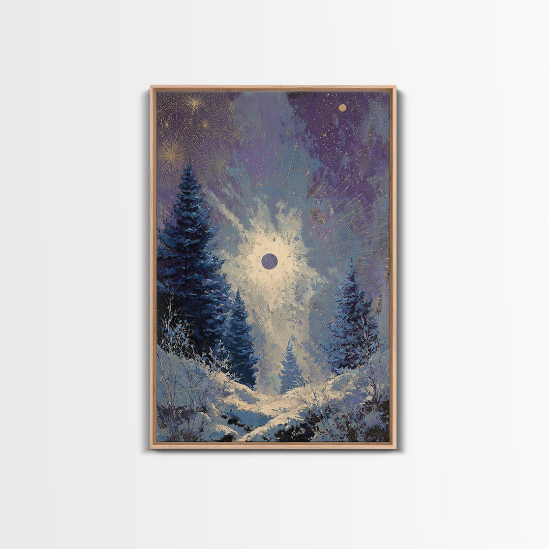 Aurora Borealis over Snowy Pines Framed Canvas Print, Celestial Art, Printable Wall Art, Living Room Decor, Fine Art, Celestial, CEL-2x3-73