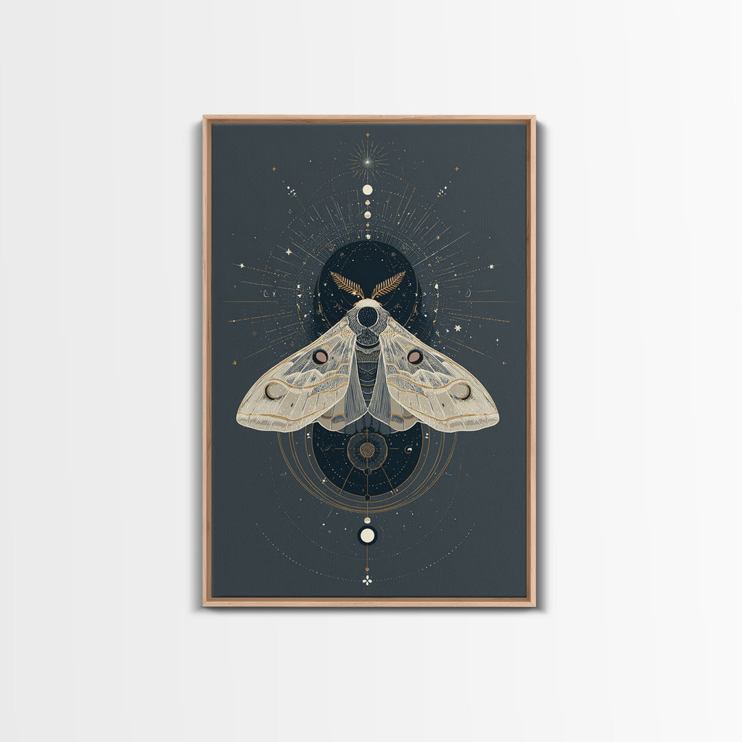 Celestial Moth with Moon Markings Framed Canvas Print, Celestial Art, Living Room Decor, Watercolor Art, Celestial, CEL-2x3-74