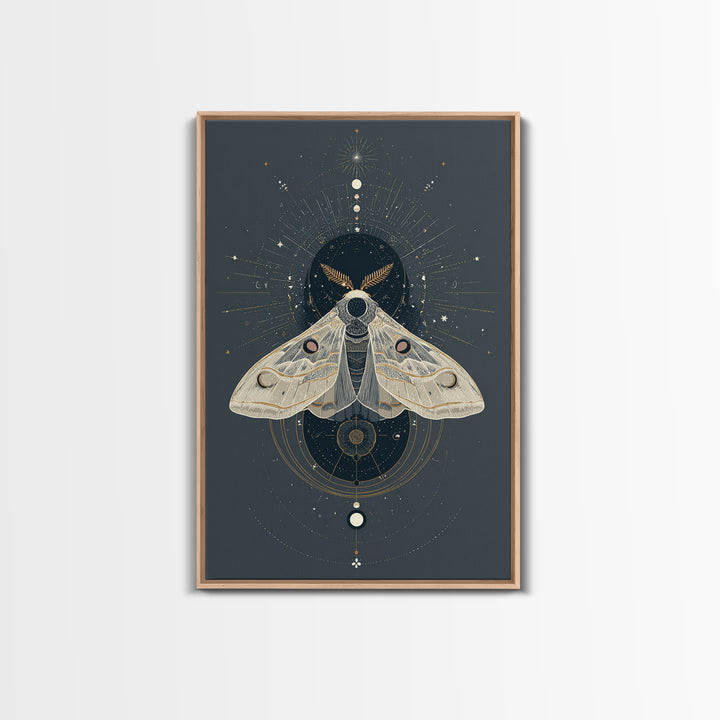 Celestial Moth with Moon Markings Framed Canvas Print, Celestial Art, Living Room Decor, Watercolor Art, Celestial, CEL-2x3-74