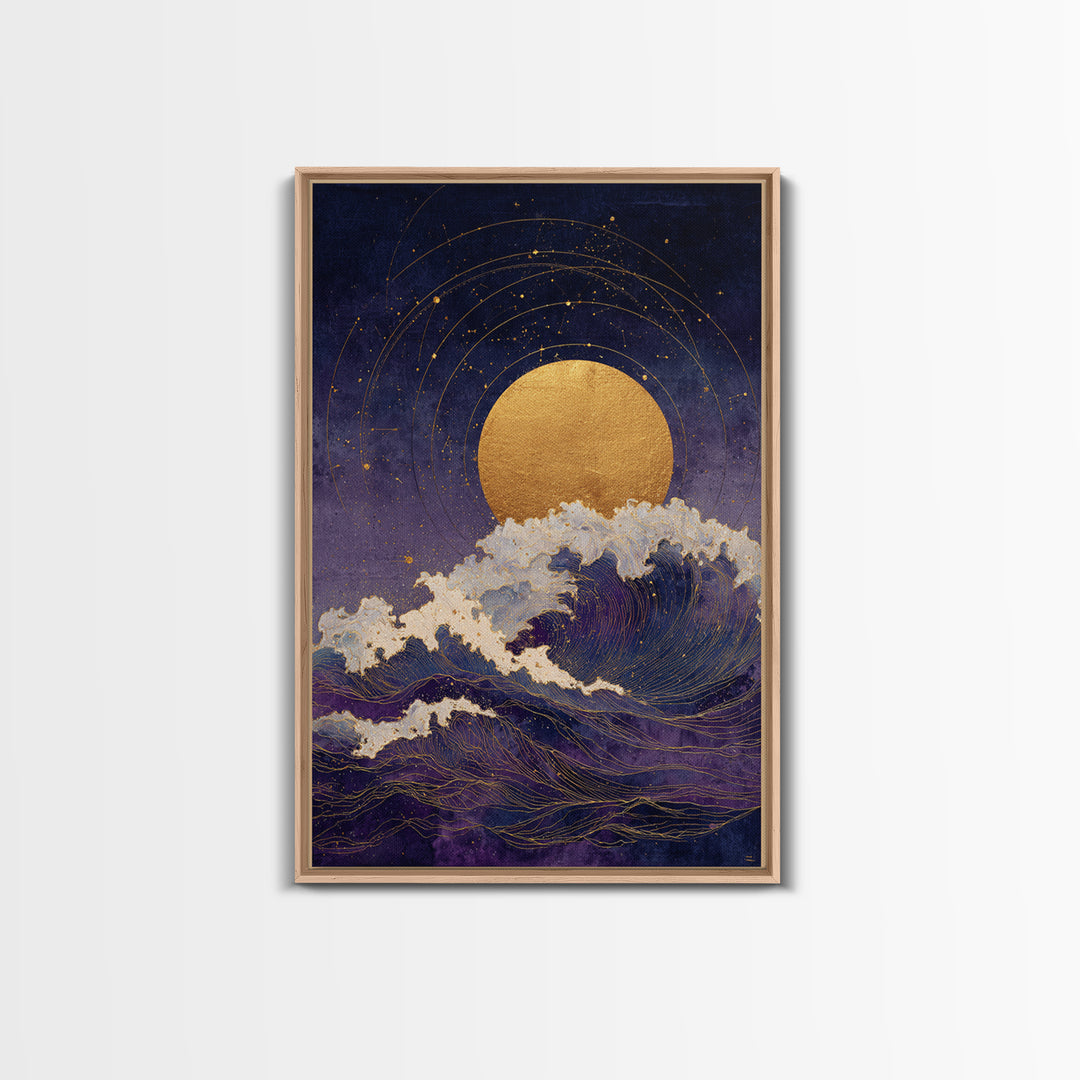 Golden Sun over Abstract Ocean Waves Canvas Print, Celestial Art, Statement Artwork, Living Room Decor, Fine Art, Celestial, CEL-2x3-79