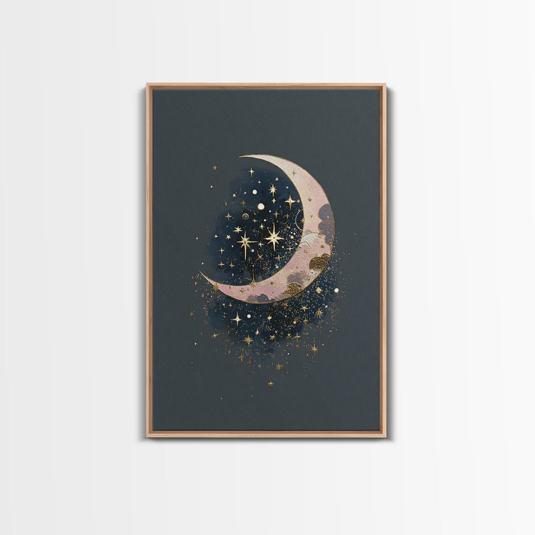 Crescent Moon Cradling a Cluster of Stars Canvas Print, Celestial Art, Art Print, Living Room Decor, Fine Art, Celestial, CEL-2x3-9