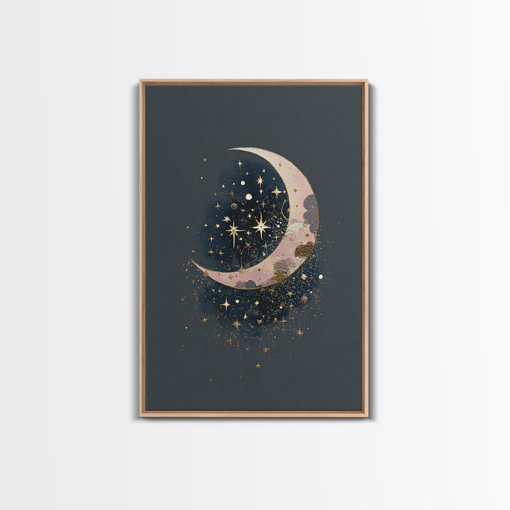 Crescent Moon Cradling a Cluster of Stars Canvas Print, Celestial Art, Art Print, Living Room Decor, Fine Art, Celestial, CEL-2x3-9