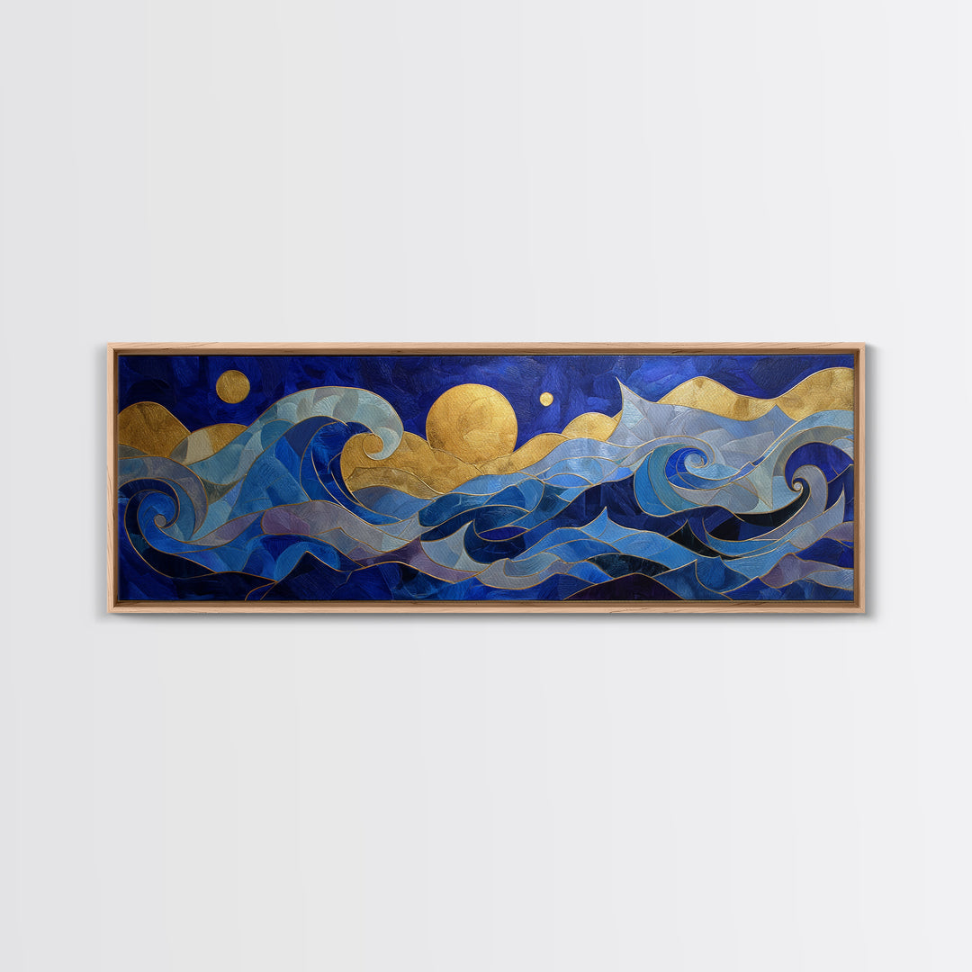 Golden Sun over Abstract Ocean Waves Framed Canvas Print, Celestial Art, Art Nouveau Decor, Living Room Decor, Celestial, CEL-3x1-15