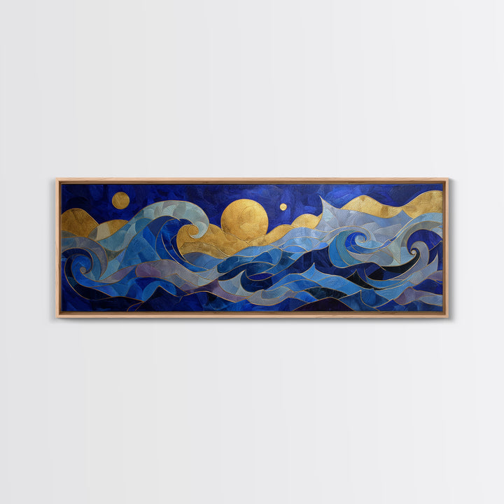 Golden Sun over Abstract Ocean Waves Framed Canvas Print, Celestial Art, Art Nouveau Decor, Living Room Decor, Celestial, CEL-3x1-15