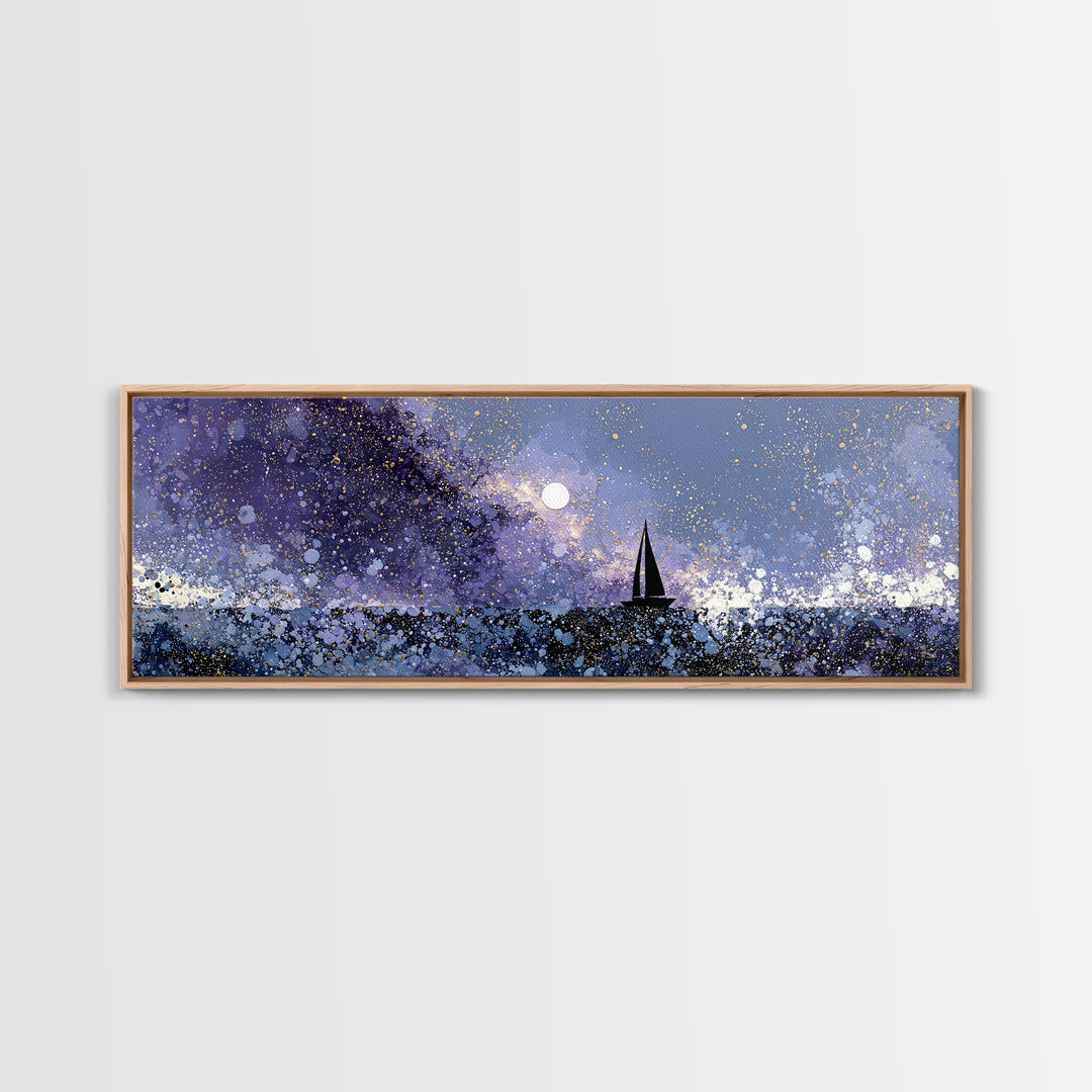 Tiny Sailboat Beneath a Huge Moon Canvas Print, Celestial Art, Statement Artwork, Living Room Decor, Fine Art, Celestial, CEL-3x1-35