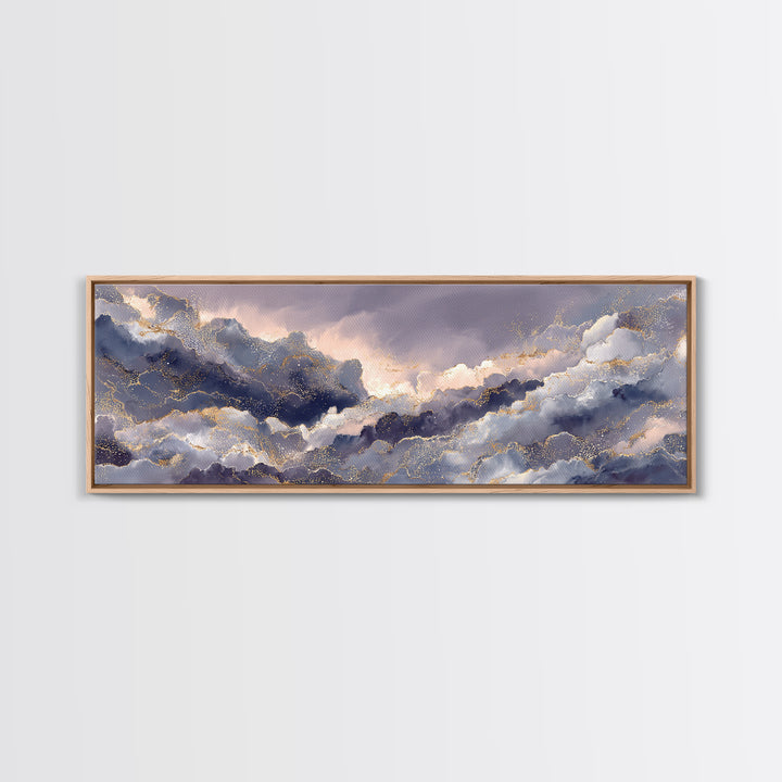 Moonlit Cloudscape with Silver Highlights Canvas Print, Celestial Art, Watercolor Painting, Living Room Decor, Abstract Art, CEL-3x1-49