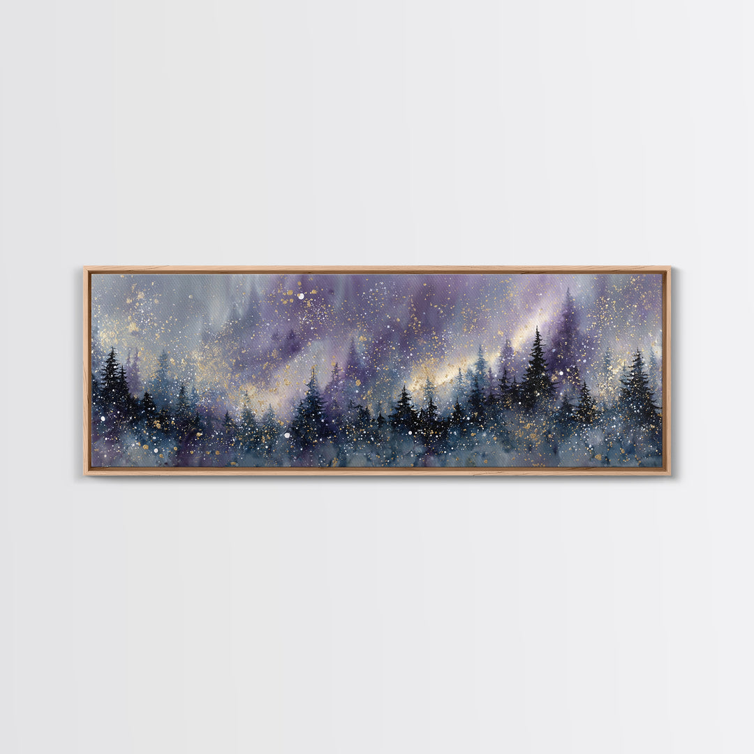 Aurora Borealis over Snowy Pines Framed Canvas Print, Celestial Art, Retro Wall Art, Living Room Decor, Fine Art, Celestial, CEL-3x1-57