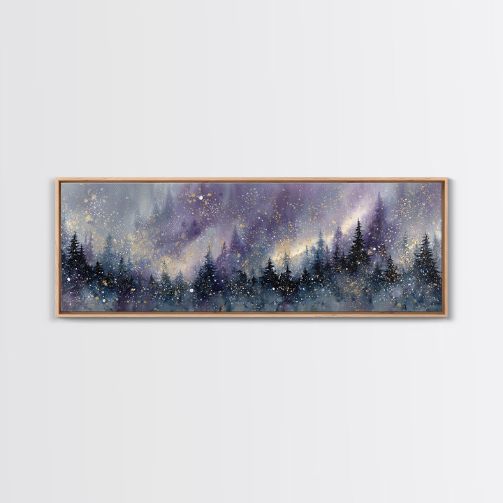 Aurora Borealis over Snowy Pines Framed Canvas Print, Celestial Art, Retro Wall Art, Living Room Decor, Fine Art, Celestial, CEL-3x1-57