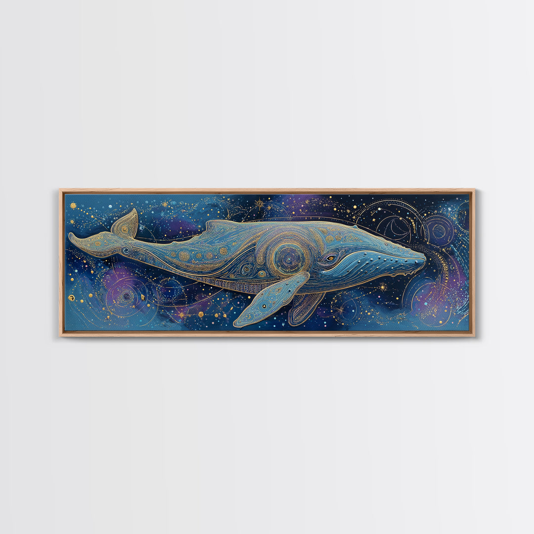 Cosmic Whale Swimming Through a Star Field Framed Canvas Print, Celestial Art, Modern Art, Living Room Decor, Celestial, CEL-3x1-69