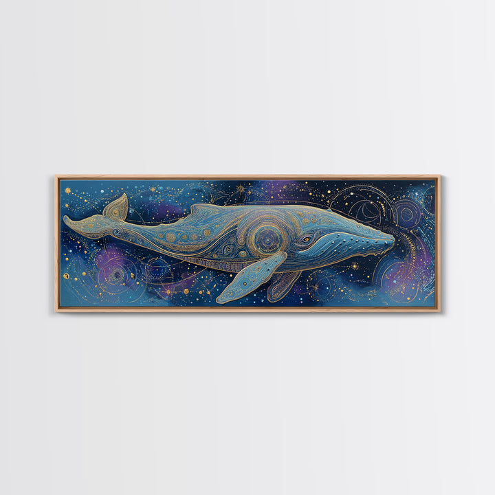 Cosmic Whale Swimming Through a Star Field Framed Canvas Print, Celestial Art, Modern Art, Living Room Decor, Celestial, CEL-3x1-69