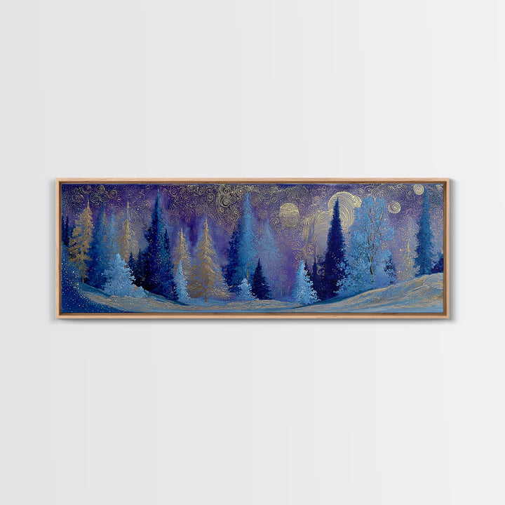 Aurora Borealis over Snowy Pines Framed Canvas Print, Celestial Art, Retro Wall Art, Living Room Decor, Fine Art, Celestial, CEL-3x1-81