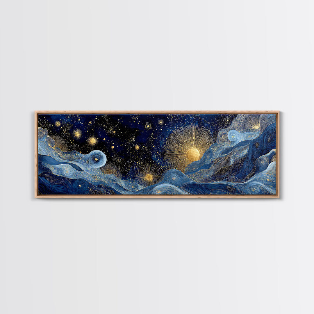 Golden Sun over Abstract Ocean Waves Framed Canvas Print, Celestial Art, Digital Art, Living Room Decor, Watercolor Art, CEL-3x1-87