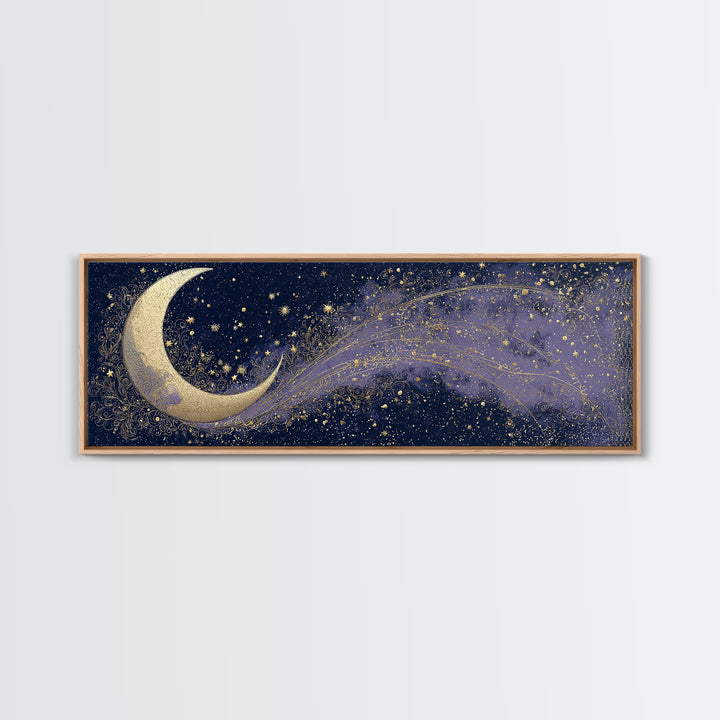 Crescent Moon Cradling a Cluster of Stars Canvas Print, Celestial Art, Digital Download Art, Living Room Decor, Celestial, CEL-3x1-89