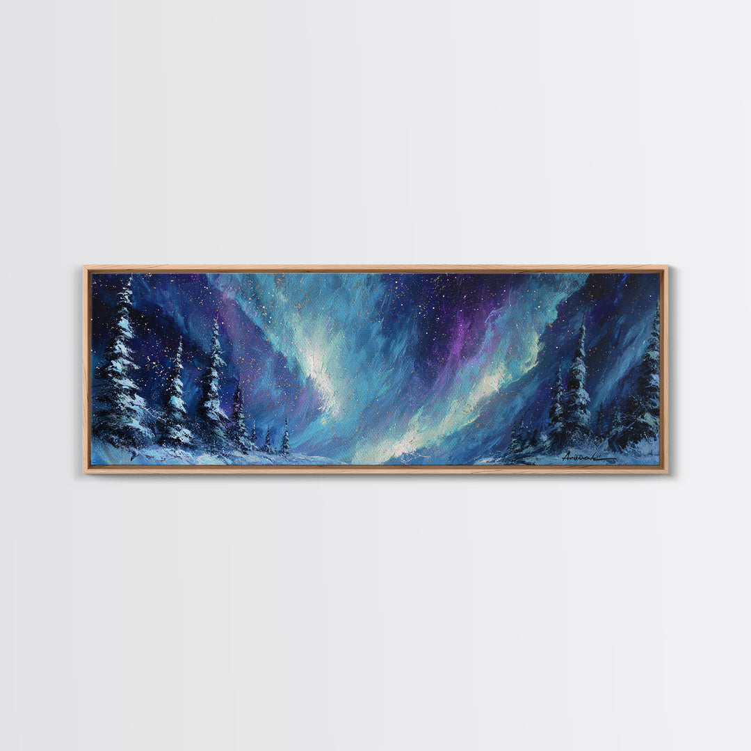 Aurora Borealis over Snowy Pines Framed Canvas Print, Celestial Art, Digital Art, Living Room Decor, Fine Art, Celestial, CEL-3x1-9